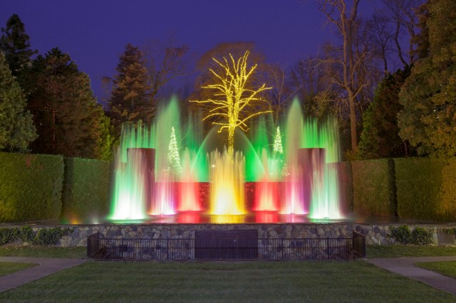 Longwood is famous for its’ dancing waters – large fountains with jets that change patterns and colors in time to holiday music.